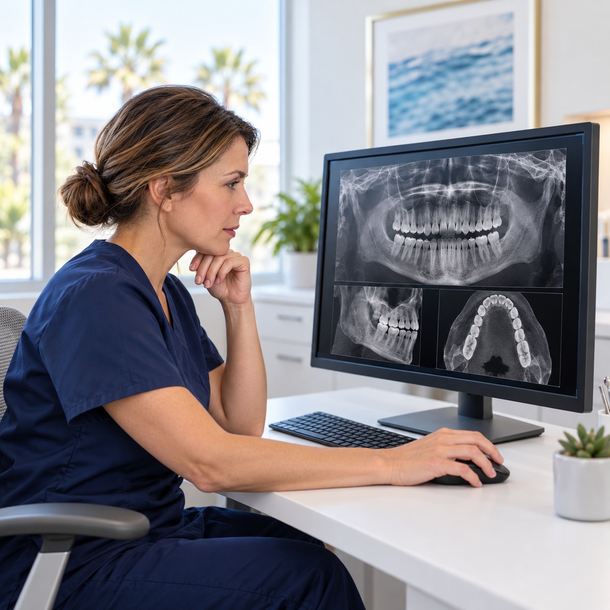 Illustration of a dentist reviewing dental imaging at a computer